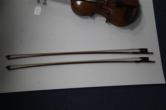 A violin stamped Thompsons London, length of back 35.2cm, cased